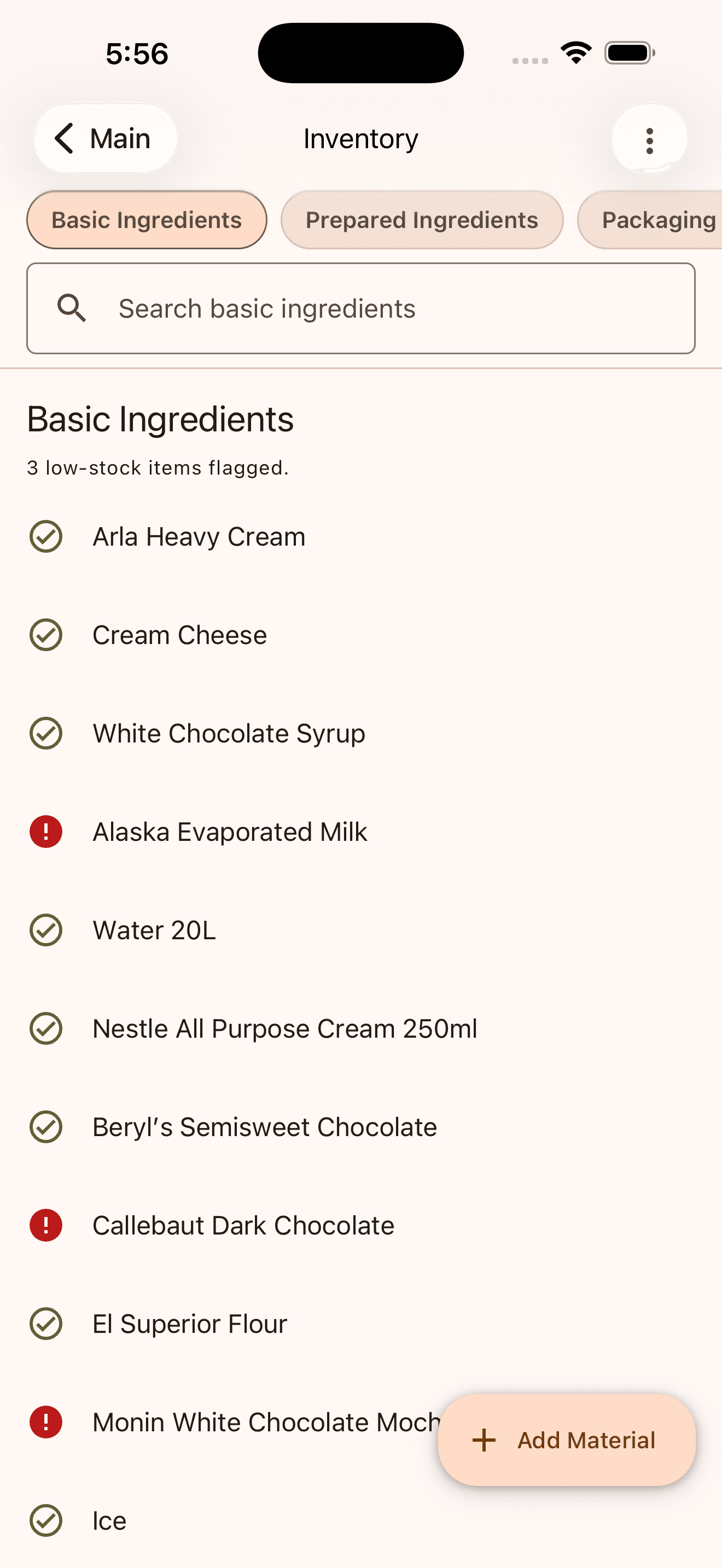 Tako POS inventory screen showing category tabs and low-stock basic ingredients