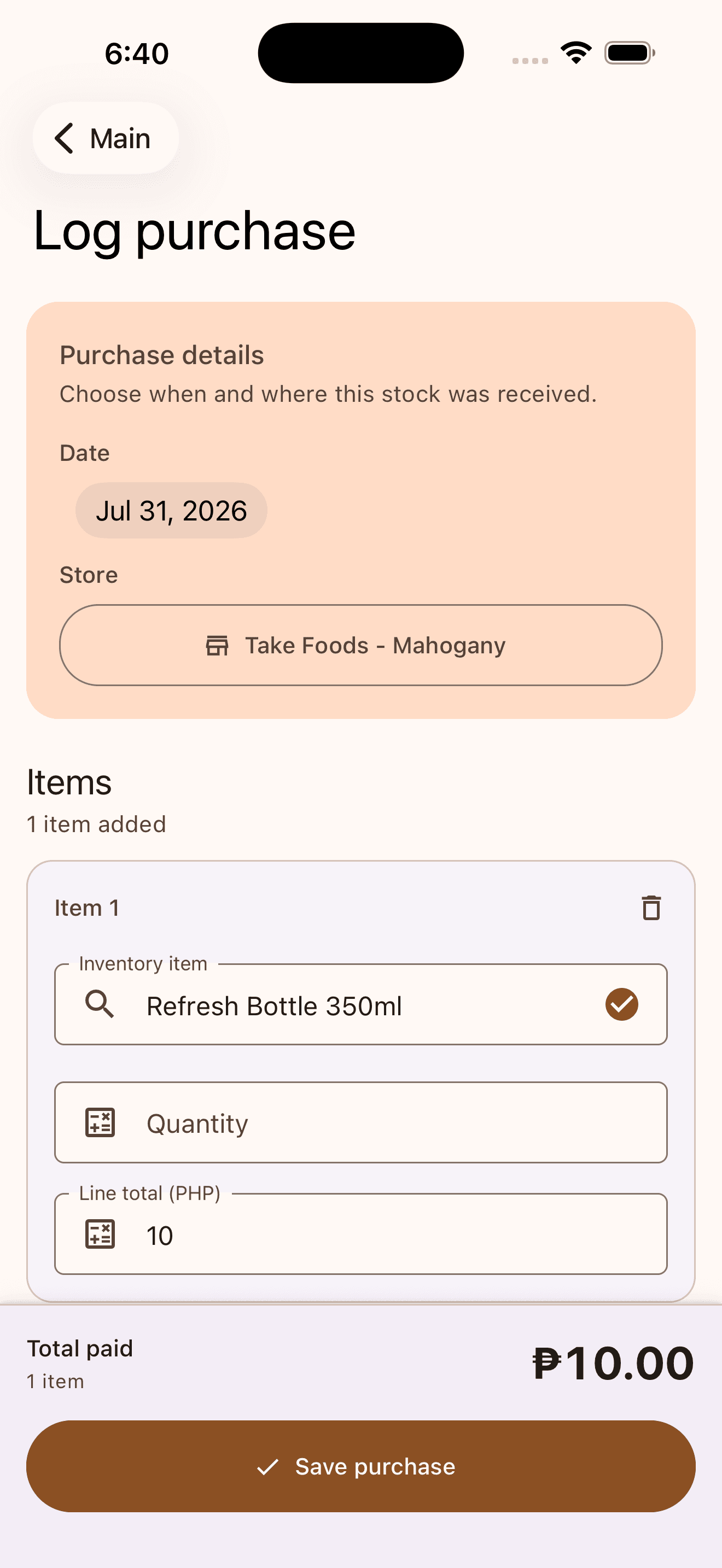 Tako POS purchase form showing a store, inventory item, quantity, line total, and save purchase button