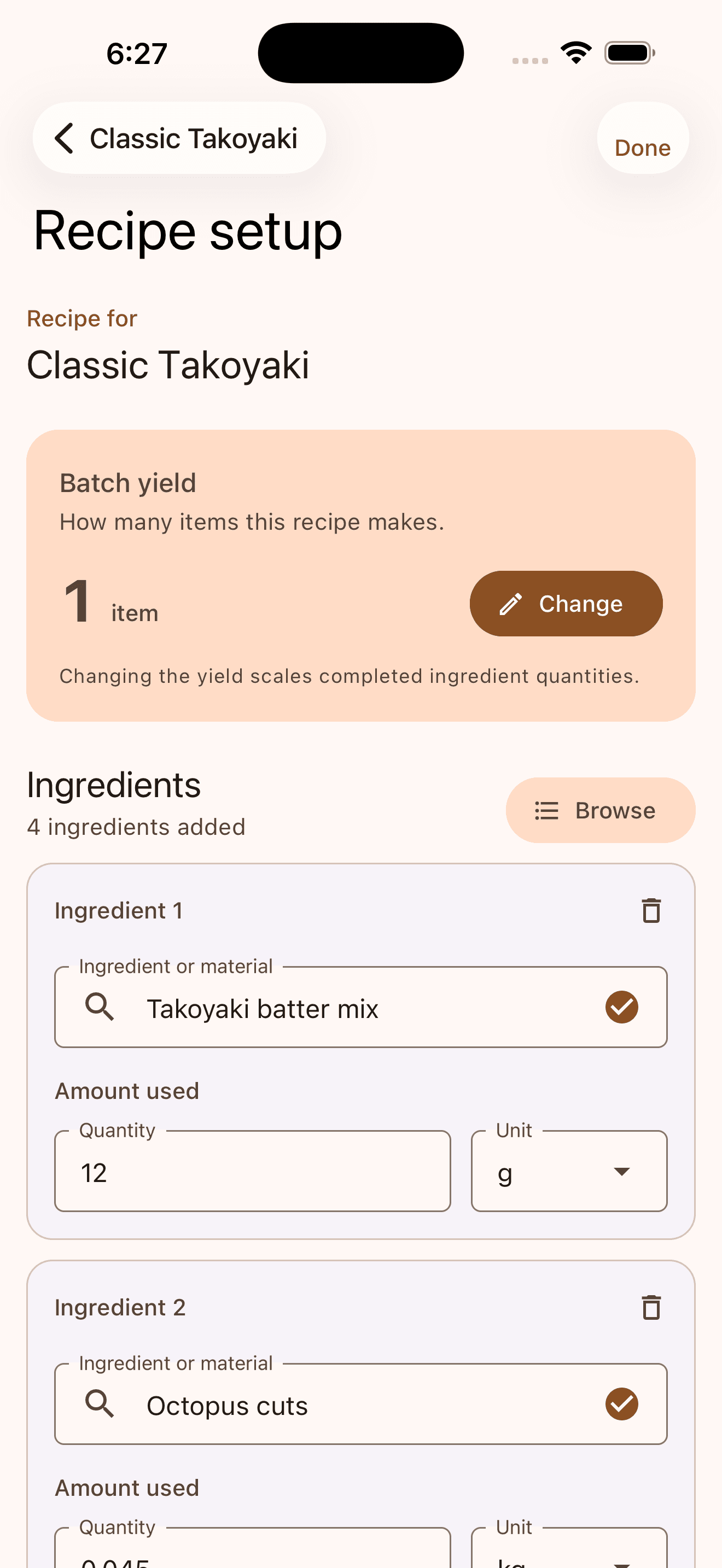 Tako POS recipe setup for Classic Takoyaki showing batter mix and octopus ingredient quantities