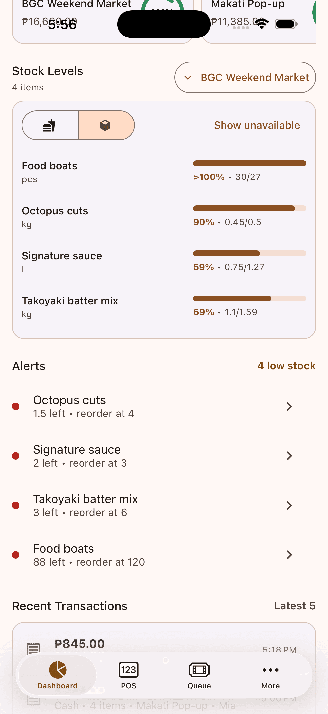 Tako POS dashboard showing takoyaki stock levels and low-stock alerts for octopus, sauce, batter, and food boats